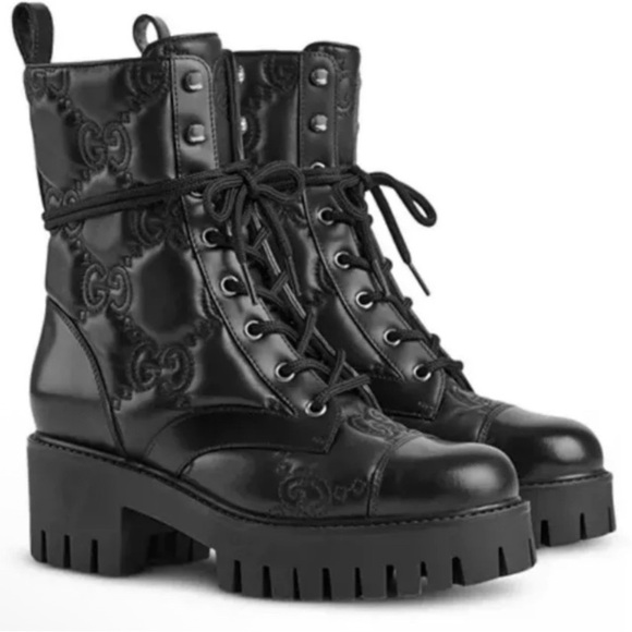 Gucci Shoes - Gucci Black jumbo GG Women's lace up Combat Boots NEw Full Set